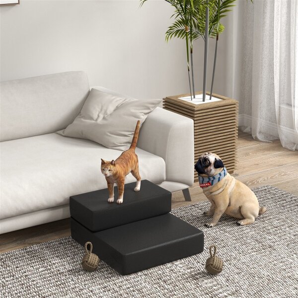 Haustiertreppe Tierunterlage 2 Stufen Klappbar Hundetreppe Treppe Unterlage für Katzen und Hunde Schwarz L45 x B39 x H20 cm