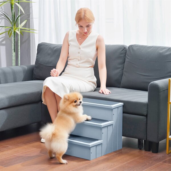 Hundetreppe 3 Stufen für kleine bis mittelgroße Hund Haustiertreppe mit Stauraum 38 cm Hohe Katzentreppe Hunderampe Einstiegshilfe für Bett, Sofa, Couch und Auto Grau