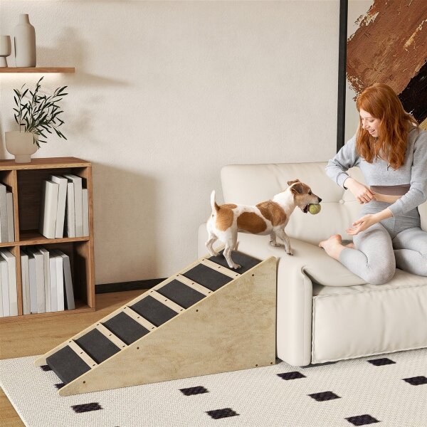 Haustiertreppe, Hundetreppe, Kiefernholz, Anti-Rutsch-Beschichtung, 90 cm x 40 cm x 45 cm, Natur + Grau