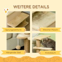 Haustiertreppe, Kratzbaum, 4 Stufen, Spielball, Häuschen, höhenverstellbar, 60 x 40 x 66 cm, Beige