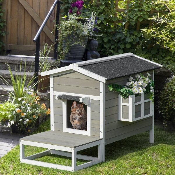 Katzenhaus aus Holz Winterfest wasserdicht Katzenhütte mit Asphaltdach  Terrasse Katzenhöhle Katzenkiste Outdoor Schutzhütte für Draußen Garten Balkon 115 x 66,5 x 74,7 cm Grau+Weiß