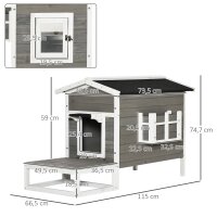 Katzenhaus aus Holz Winterfest wasserdicht Katzenhütte mit Asphaltdach  Terrasse Katzenhöhle Katzenkiste Outdoor Schutzhütte für Draußen Garten Balkon 115 x 66,5 x 74,7 cm Grau+Weiß