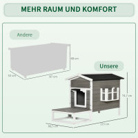 Katzenhaus aus Holz Winterfest wasserdicht Katzenhütte mit Asphaltdach  Terrasse Katzenhöhle Katzenkiste Outdoor Schutzhütte für Draußen Garten Balkon 115 x 66,5 x 74,7 cm Grau+Weiß