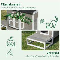 Katzenhaus aus Holz Winterfest wasserdicht Katzenhütte mit Asphaltdach  Terrasse Katzenhöhle Katzenkiste Outdoor Schutzhütte für Draußen Garten Balkon 115 x 66,5 x 74,7 cm Grau+Weiß