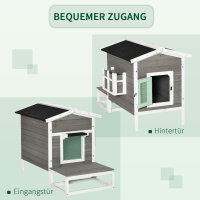 Katzenhaus aus Holz Winterfest wasserdicht Katzenhütte mit Asphaltdach  Terrasse Katzenhöhle Katzenkiste Outdoor Schutzhütte für Draußen Garten Balkon 115 x 66,5 x 74,7 cm Grau+Weiß