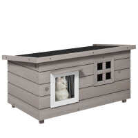 Katzenhaus aus Holz wasserdicht Katzenhütte mit Asphaltdach klappbarem Deckel Fenster Winterfest Schutzhütte Katzenhöhle Outdoor Katzenkiste für Garten Balkon Draußen 87 x 52 x 44 cm Grau