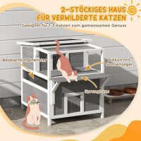 2-stöckiges Katzenhaus mit Balkon, Wetterfeste Katzenhütte, Regen- und Sonnenschutz, für drinnen und draußen, Hellgrau