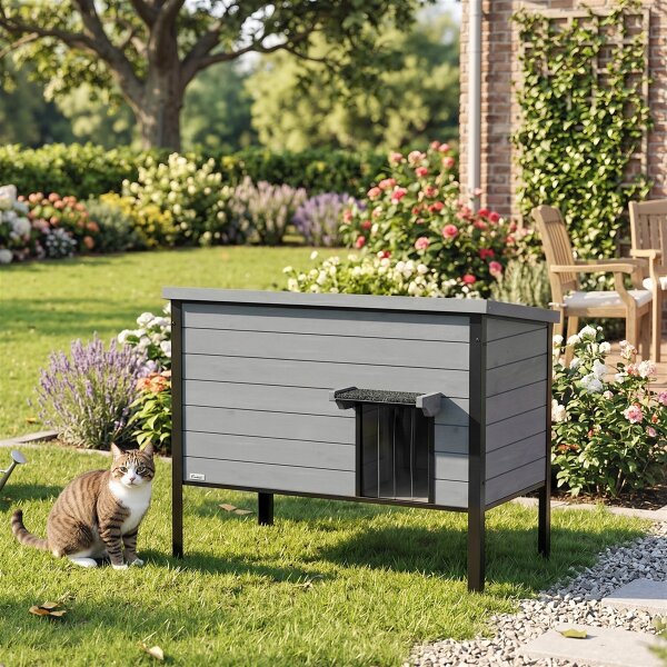 Wetterfest Katzenhaus mit aufklappbarem Dach herausnehmbarem Boden Eingang für 1-2 Katzen bis 12 kg 85x55x70 cm Hellgrau