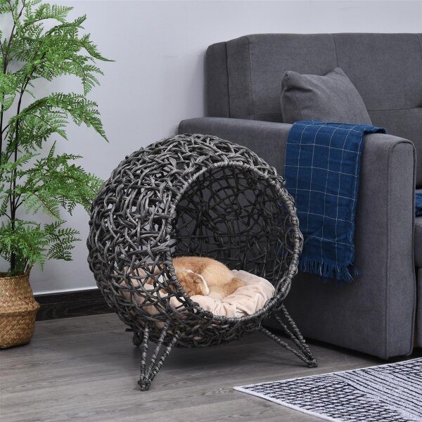 Katzenhaus aus Rattan mit Kissen Katzenschlafplatz Katzenhöhle mit erhöhten Füßen Silbergrau Ø52 x 58 cm