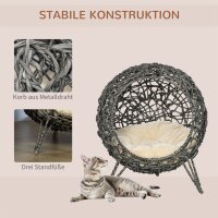 Katzenhaus aus Rattan mit Kissen Katzenschlafplatz Katzenhöhle mit erhöhten Füßen Silbergrau Ø52 x 58 cm