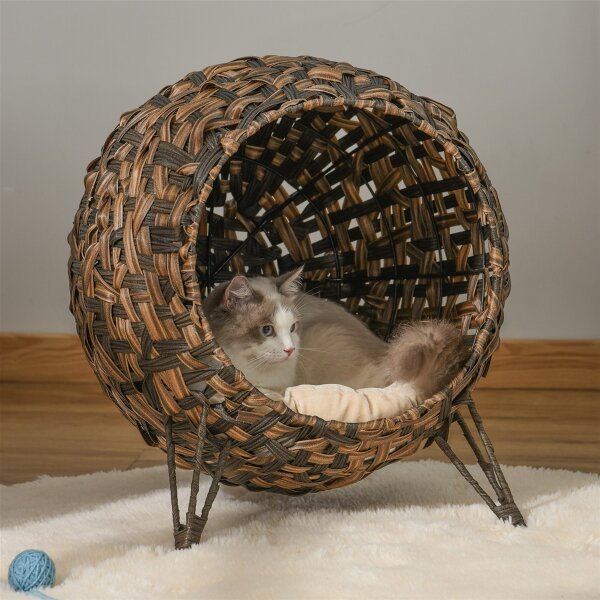 Katzenhaus aus Rattan mit Kissen Katzenschlafplatz Katzenhöhle mit erhöhten Füßen Braun Ø52 x 58 cm