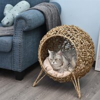 Katzenhaus aus Rattan mit Kissen Katzenschlafplatz Katzenhöhle mit erhöhten Füßen Natur Ø52 x 58 cm