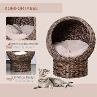 Katzenkorb aus Wasserhyazinthe inkl, Kissen, Katzenbett, Haustierbett,50 cm x 42 cm x 60 cm, Braun + Beige