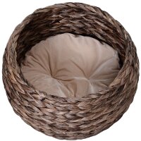 Katzenkorb aus Wasserhyazinthe inkl, Kissen, Katzenbett, Haustierbett,50 cm x 42 cm x 60 cm, Braun + Beige