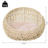 Rattan Katzenhöhle Katzenbett Katzenhaus mit Kissen Katzenzelt Haustierhaus für Katzen Hunde Beige Ø56 x 35 cm