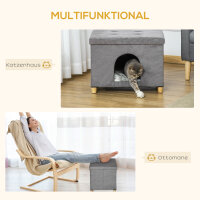 2-IN-1 Katzenhöhle Fußhocker mit Kissen Holzbeine Katzenhaus Katzenkorb weich gepolstert Ottomane elegantes Design abnehmbar MDF Plüsch Grau 60 x 45 x 44,5 cm