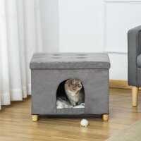 2-IN-1 Katzenhöhle Fußhocker mit Kissen Holzbeine Katzenhaus Katzenkorb weich gepolstert Ottomane elegantes Design abnehmbar MDF Plüsch Grau 60 x 45 x 44,5 cm