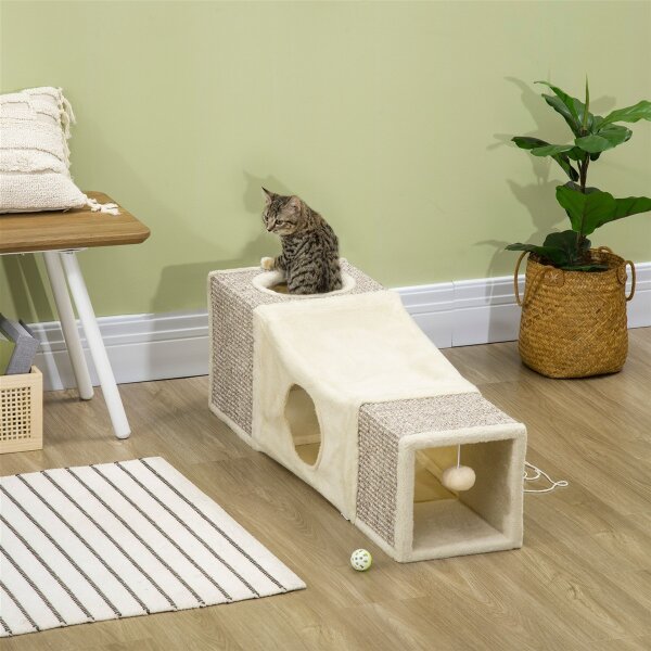 Katzentunnel, 2 Katzenhöhlen, Kratzflächen und Ballspielzeug, 98 cm x 30 cm x 30 cm, Braun + Beige