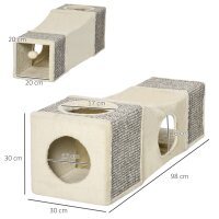 Katzentunnel, 2 Katzenhöhlen, Kratzflächen und Ballspielzeug, 98 cm x 30 cm x 30 cm, Braun + Beige