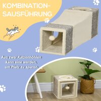 Katzentunnel, 2 Katzenhöhlen, Kratzflächen und Ballspielzeug, 98 cm x 30 cm x 30 cm, Braun + Beige