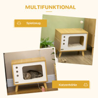 Katzenhöhle imTV-Design inkl, Spielzeug, waschbares Kissen, 50 cm x 28 cm x 43 cm, Eiche + Beige + Weiß