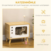Katzenhöhle imTV-Design inkl, Spielzeug, waschbares Kissen, 50 cm x 28 cm x 43 cm, Eiche + Beige + Weiß