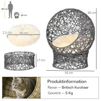 Katzenkorb, Katzenhöhle inkl, Kissen, 2-teilig, 50 cm x 50 cm x 60 cm, Cremeweiß + Anthrazit