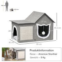 Katzenhaus mit Kratzfläche, inkl, Spielball, Katzenhöhle, 65 cm  x 41 cm x 45,5H cm, Braun + Weiß + Beige