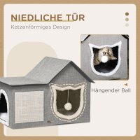 Katzenhaus mit Kratzfläche, inkl, Spielball, Katzenhöhle, 65 cm  x 41 cm x 45,5H cm, Braun + Weiß + Beige