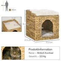 Katzenhöhle aus Wasserhyazinthen-Gras, 2 Liegefläche, 2 waschbare Kissen, Natur + Weiß