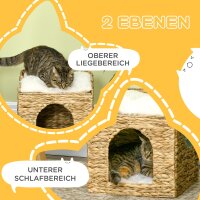 Katzenhöhle aus Wasserhyazinthen-Gras, 2 Liegefläche, 2 waschbare Kissen, Natur + Weiß