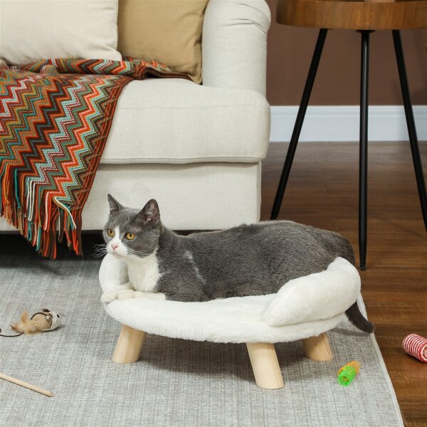 Haustierbett für Katzen und Hunde bis 5kg/30cm, waschbarer Plüschbezug, Cremeweiß, 47 x 40 x 20 cm