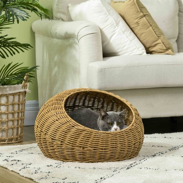 Katzenhöhle mit waschbarem Kissen, für Tiere bis 4 kg, Indoor, Kunst-Rattan, Ø50 x 31 cm, Hellbraun