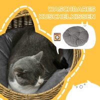 Katzenhöhle mit waschbarem Kissen, für Tiere bis 4 kg, Indoor, Kunst-Rattan, Ø50 x 31 cm, Hellbraun