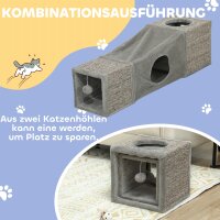 Katzentunnel, 2 Katzenhöhlen, Kratzflächen und Ballspielzeug, 98 cm x 30 cm x 30 cm, Braun + Grau