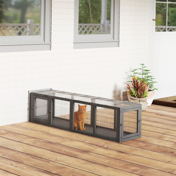 Katzentunnel Katzenspielzeug aus Holz mit 3 Türen, erweiterbar Spieltunnel für Katzen bis 10 kg, 151,5 x 38,5 cm Grau