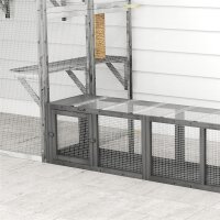 Katzentunnel Katzenspielzeug aus Holz mit 3 Türen, erweiterbar Spieltunnel für Katzen bis 10 kg, 151,5 x 38,5 cm Grau