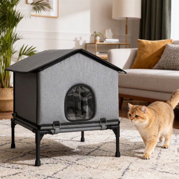 Katzenhaus klappbar Katzenhütte mit Kissen, Erhöhtes wasserabweisend Katzenhöhle 62 x 58,5 x 60 cm, Grau
