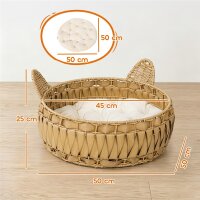 Katzenbett Rattan Katzenhöhle mit abnehmbares Kissen, Katzenkorb für Katzen bis 10 kg, 50 x 50 x 25 cm, Hellbraun