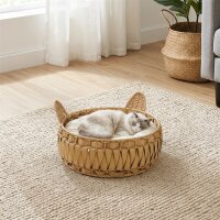 Katzenbett Rattan Katzenhöhle mit abnehmbares Kissen, Katzenkorb für Katzen bis 10 kg, 50 x 50 x 25 cm, Hellbraun