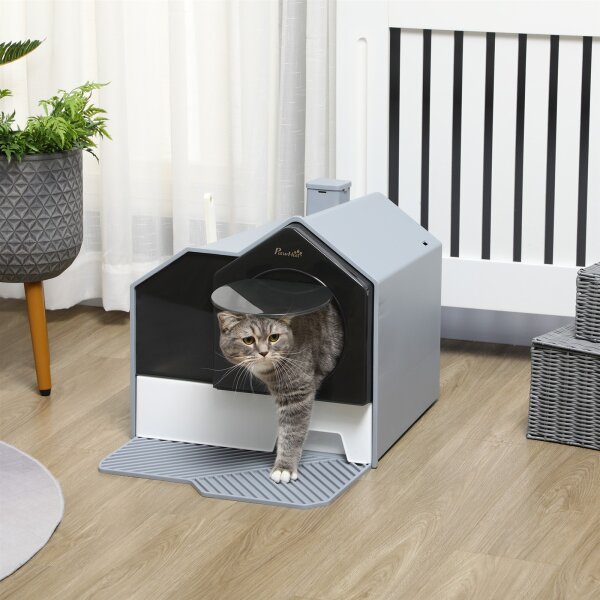 Katzentoilette im niedlichen Design, 1 Siebvorleger, 1 Streuschaufel, herausnehmbare Bodenwanne, Grau