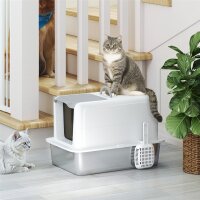 Katzentoilette, Wanne aus Edelstahl, Filter, Schaufel, für Katzen bis 6 kg, 40,5 x 60,5 x 41,5 cm, Weiß/Silber