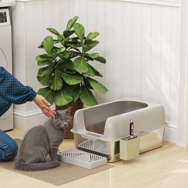 Katzentoilette, Katzenklo, Edelstahl, hohe Wände, Aufbewahrungsbox, Hellgrau