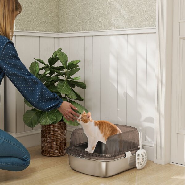 Katzenklo Edelstahl, Katzentoilette mit hohem Rand, Wanne, inklusive Schaufel, für große Katzen, 53x42x27cm, Kohlegrau