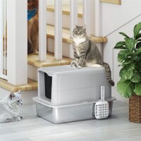 Katzentoilette, Wanne aus Edelstahl, Filter, Schaufel, für Katzen bis 6 kg, 40,5 x 60,5 x 41,5 cm, Grau/Silber