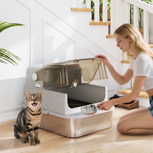 XXL Edelstahl-Katzentoilette mit Klappdeckel, Katzenklo mit Schaufel, für große Katzen bis zu 15 kg, leicht zu reinigen
