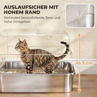 XXL Edelstahl-Katzentoilette mit Klappdeckel, Katzenklo mit Schaufel, für große Katzen bis zu 15 kg, leicht zu reinigen