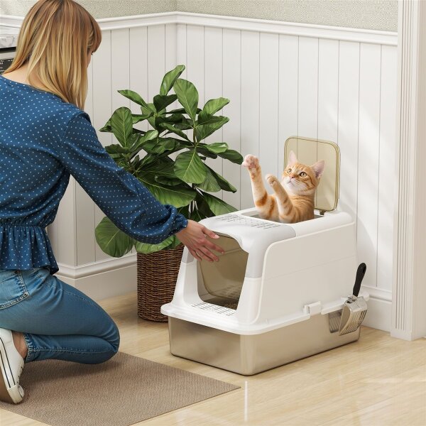 Katzenklo, Katzentoilette mit Deckel, Streuschaufel, vorne Eingang und ober Ausgang Edelstahl bis 7 kg