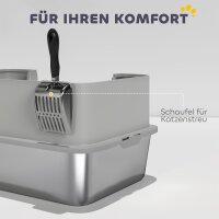 Katzentoilette Edelstahl Offene Katzenklo mit Schaufel hohem Rand Matte für Katzen bis 7 kg 60,2 x 40,2 x 29,5 cm, Grau