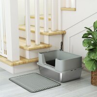 Katzentoilette Edelstahl Offene Katzenklo mit Schaufel hohem Rand Matte für Katzen bis 7 kg 60,2 x 40,2 x 29,5 cm, Grau